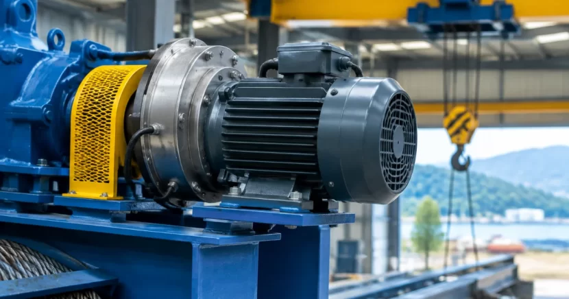 Brake motor installed on an industrial hoist or conveyor drive assembly