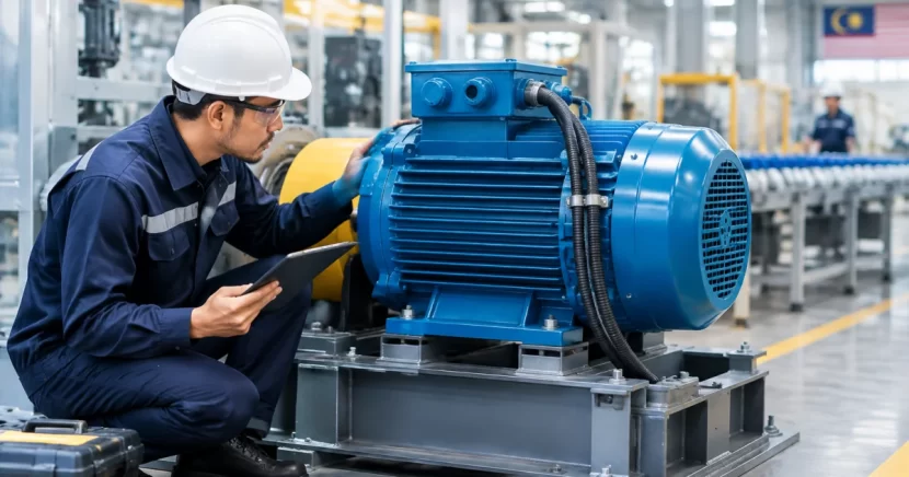 Engineer inspecting an industrial electric motor on a factory production line