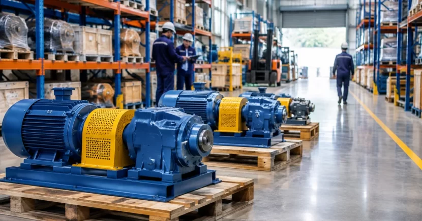 Gear motor assemblies staged in a manufacturing facility for installation and maintenance