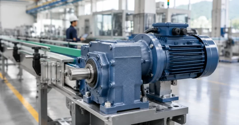 Helical bevel gear reducer mounted with an electric motor on an industrial conveyor drive