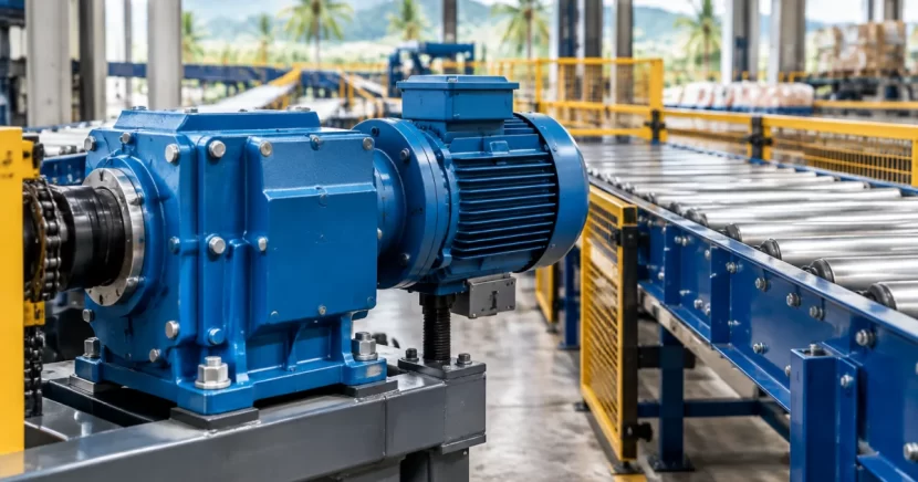 Helical gear reducer and motor driving an industrial conveyor line