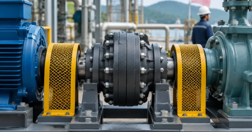 Hydraulic fluid coupling installed between an electric motor and industrial equipment